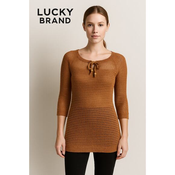 Lucky Brand Boho Crochet Sweater Brown Tie Neck Open Knit Semi Sheer Top Small - Picture 1 of 10